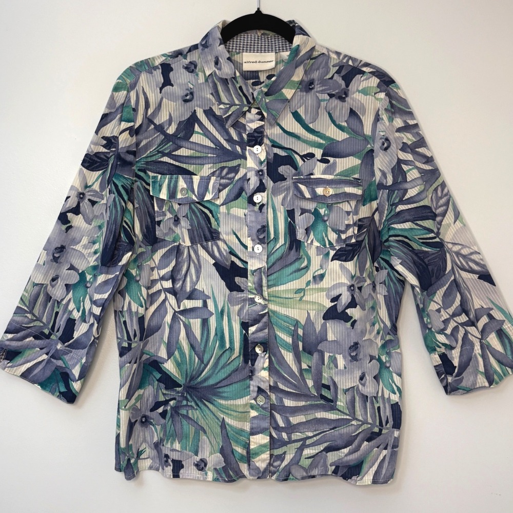 Alfred Dunner Tropical Floral 100% Cotton 3/4 Sleeve‎ Button Up Shirt Woman's 14